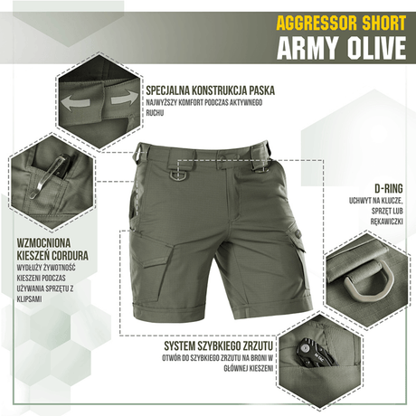 M-Tac Shorts Aggressor Short army-oliivina, taktisia ominaisuuksia, D-renkaat ja YKK-vetoketjut, ihanteellinen kuumaan säähän ja aktiiviseen käyttöön