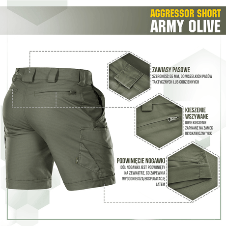 M-Tac Shorts Aggressor Short Army Olive, taktiset polvenpituiset shortsit YKK-vetoketjuilla ja säädettävillä ominaisuuksilla aktiiviseen ulkokäyttöön