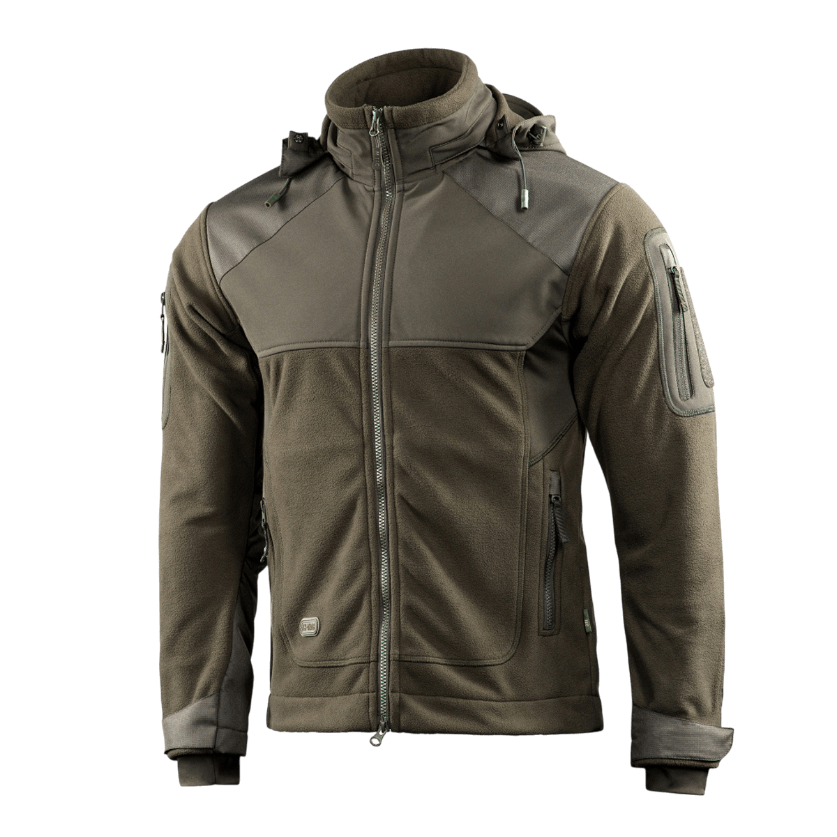 M-Tac Norman Windblock -fleecetakki oliivinvärisenä, suunniteltu mukavuuteen ja lämpöön WindBlock-materiaalilla ja softshell-paneeleilla.