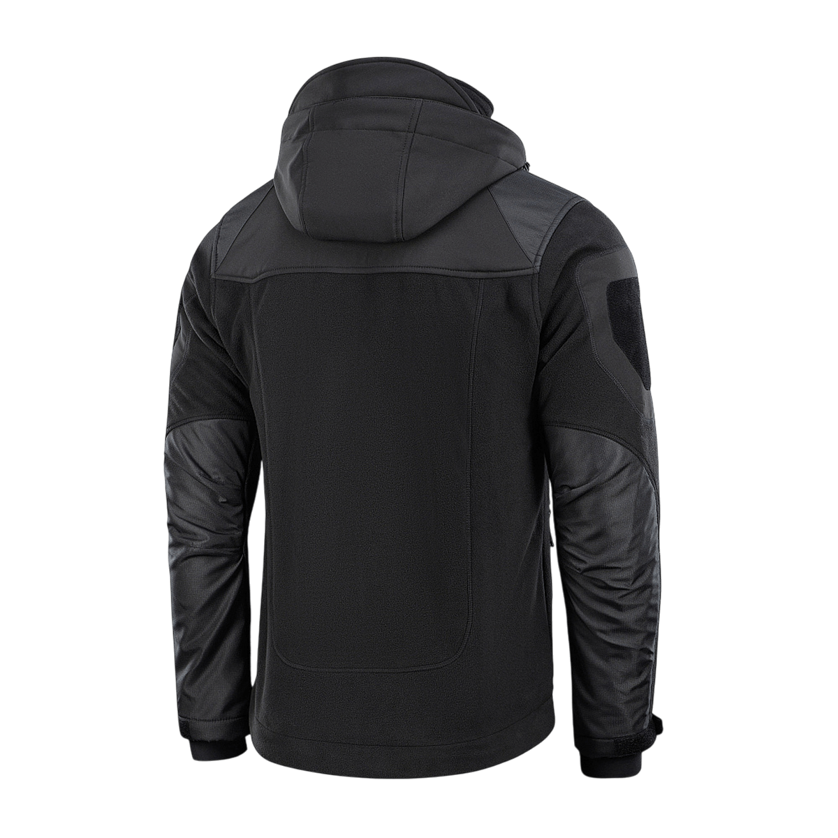 Musta M-Tac Norman Windblock -fleecetakki takaa nähtynä hupulla ja tuulen suojaavilla softshell-paneeleilla.