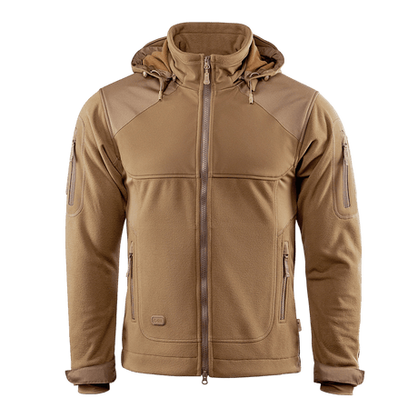 M-Tac Norman Windblock -fleecetakki ruskeana hupulla ja softshell-paneeleilla tuulen ja kylmän suojaksi. Sopii viileään säähän.