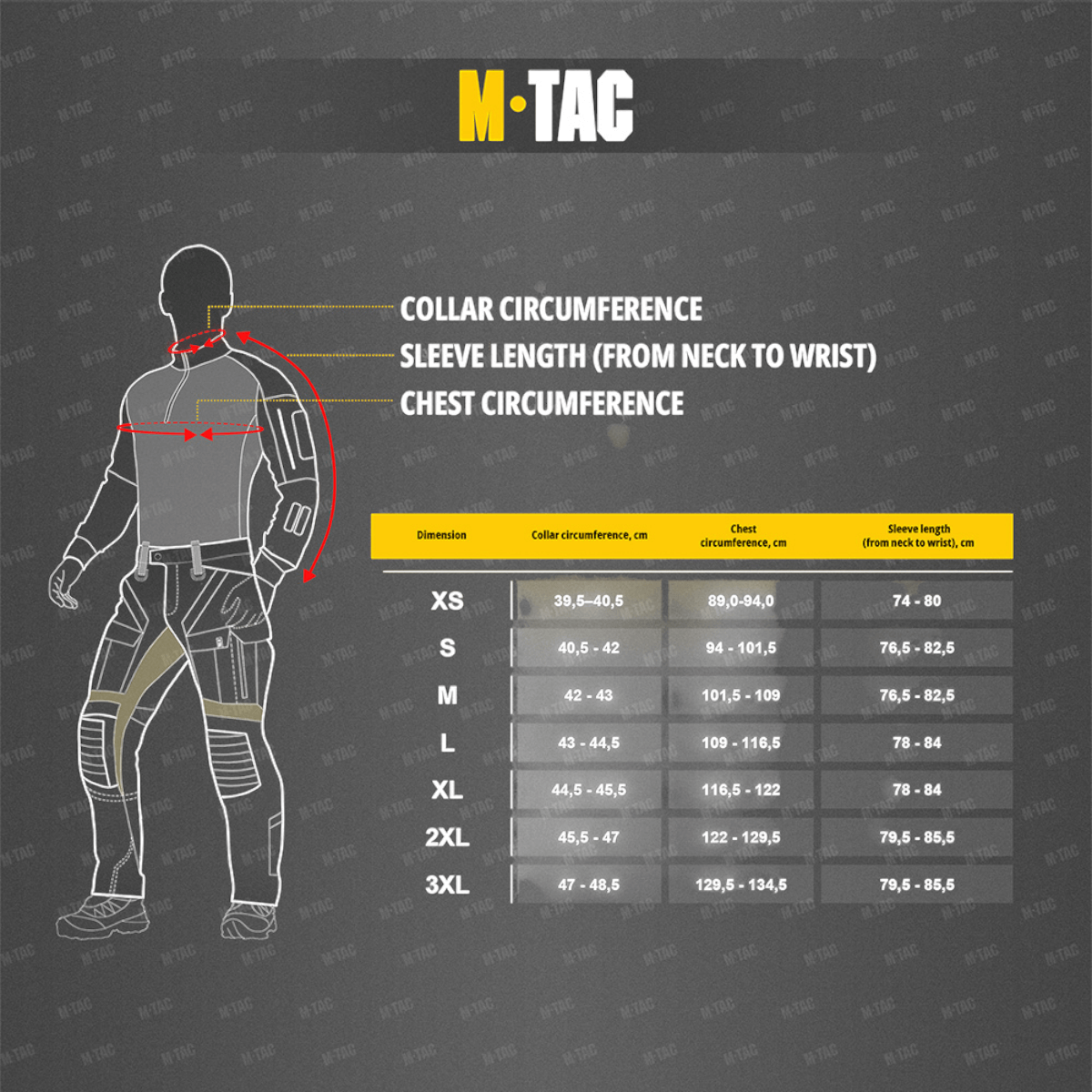 M-Tac Patrol Flex -takin kokotaulukko: kaulan ympärys, rinnan ympärys ja hihan pituus, galleria-asema 1.