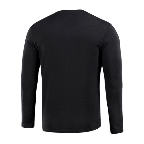 M-Tac Long-sleeve T-shirt 93/7 selkäosa mustana, valmistettu 93% puuvillaa ja 7% elastaania, sopii arkeen, univormuihin ja ulkoiluun.