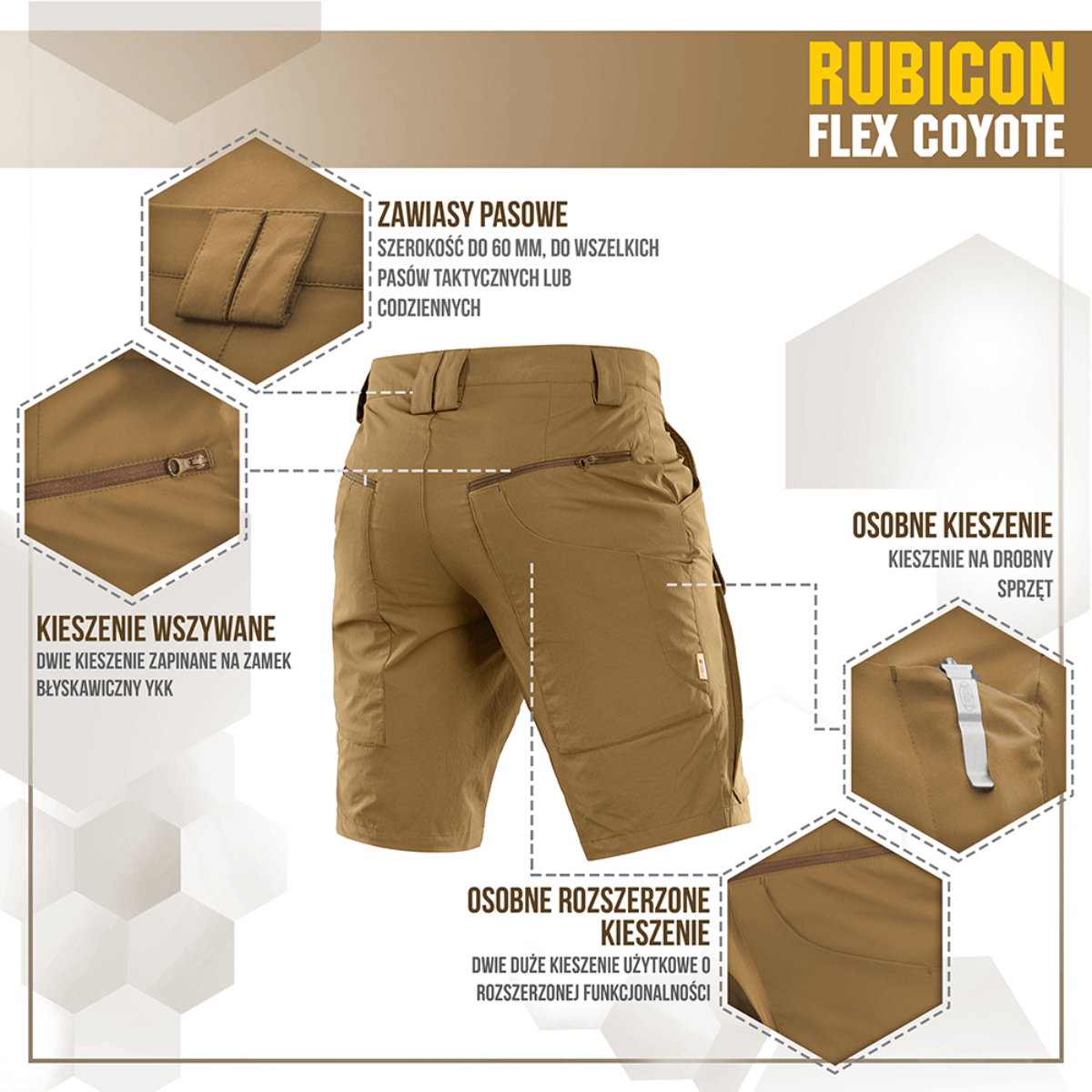 M-Tac Shorts Rubicon Flex Coyote -väri, cargotaskumalli ja YKK-vetoketjut, suunniteltu kesäkäyttöön ja maksimaaliseen liikkumisvapauteen.