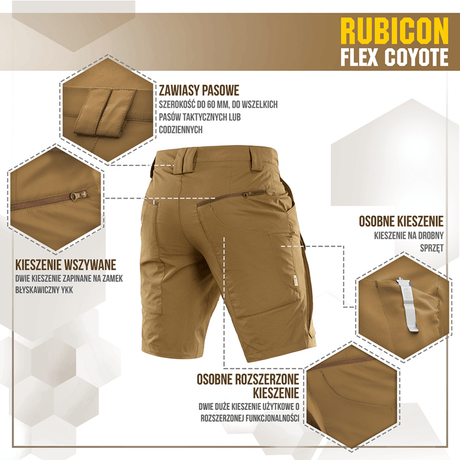 M-Tac Shorts Rubicon Flex Coyote -väri, cargotaskumalli ja YKK-vetoketjut, suunniteltu kesäkäyttöön ja maksimaaliseen liikkumisvapauteen.