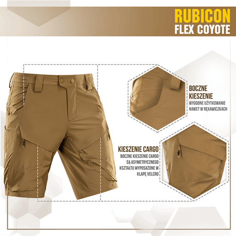 M-Tac Shorts Rubicon Flex tumman oliivinvihreänä, suunniteltu cargotaskuilla maksimaaliseen liikkumisvapauteen, vettä hylkivä ja värinpitävä.