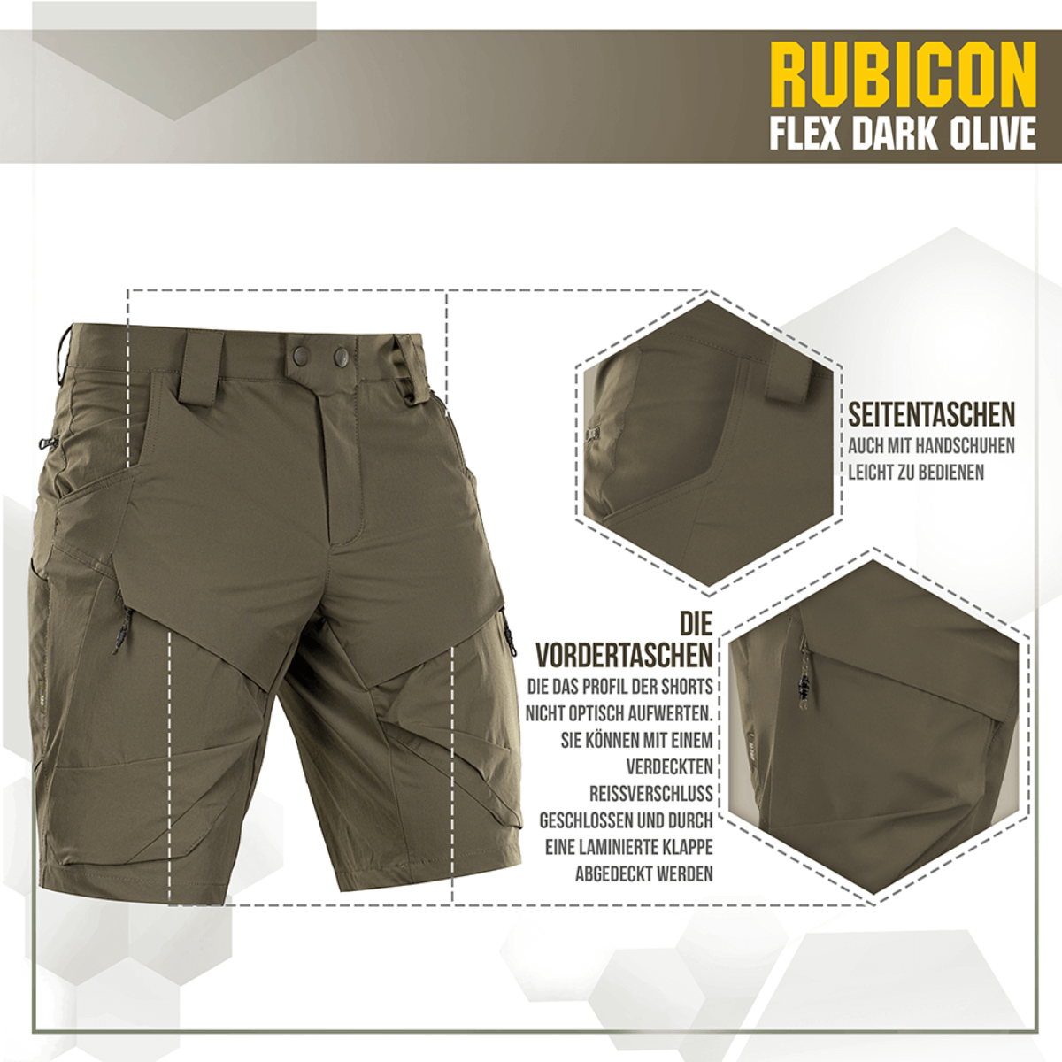 M-Tac Shorts Rubicon Flex tummanoliivinvihreät, cargotyyli ja toiminnalliset taskut, valmistettu 85% nylonista ja 15% spandexista maksimaaliseen mukavuuteen.