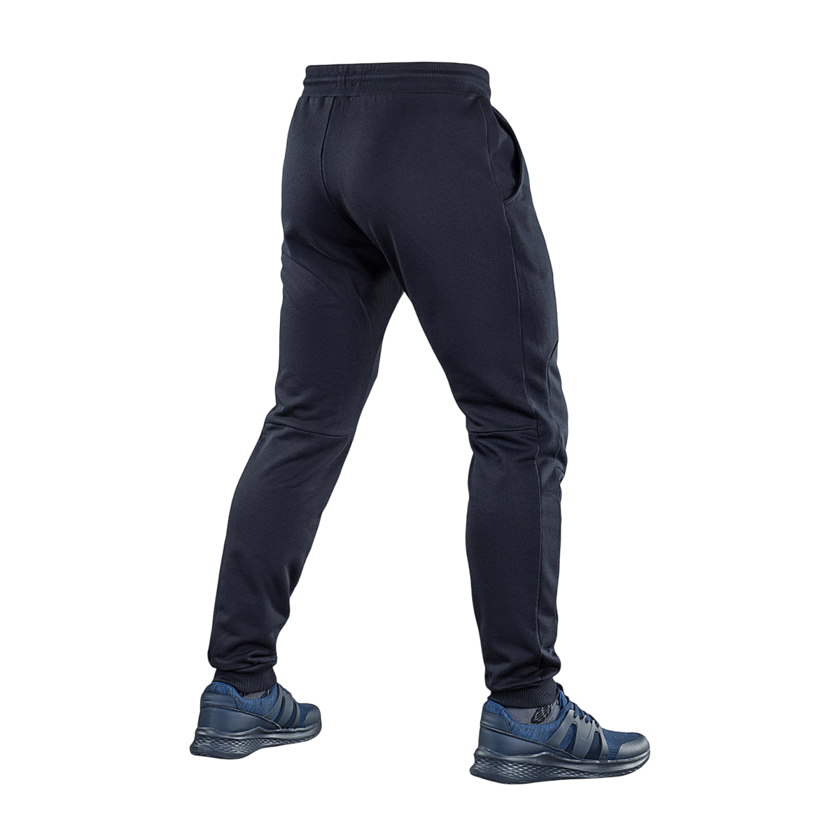 M-Tac Stealth Cotton -housut takaa nähtynä, mustat urheiluhousut kuminauhalla vyötäröllä, 100% puuvillaa mukavuutta ja hengittävyyttä varten.
