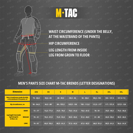 M-Tac miesten housujen kokotaulukko mittaohjeilla vyötärölle, lantiolle ja lahkeen pituudelle. Saatavilla kokovälillä 2XS–3XL.