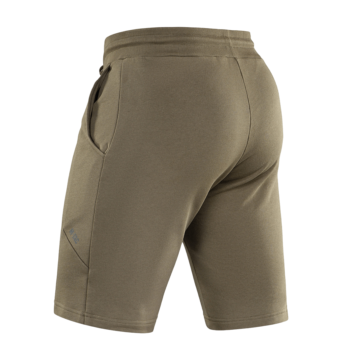 M-Tac Shorts Casual Fit Cotton oliivinvihreänä sivutaskuilla ja kuminauhavyötäröllä, nähtynä takaa. Valmistettu pehmeästä 100 % puuvillasta.