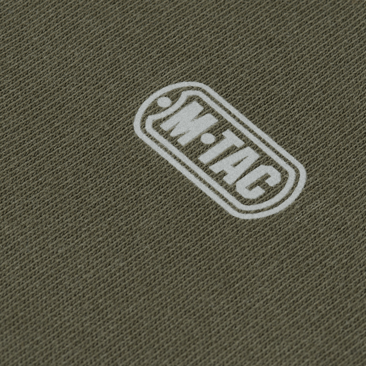 M-Tac Sweatshirt Cotton Hard, heijastava logo painettuna oliivinvihreälle puuvillakankaalle, 100 % puuvillaa, tiheys 390 g/m².