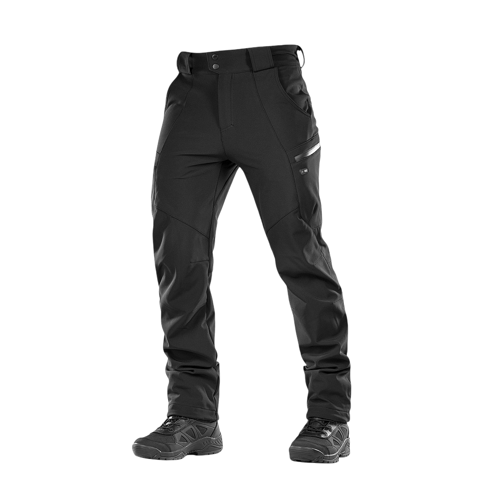M-Tac Bukser Soft Shell Vinter mustana, tuulen- ja vedenhylkivä, fleece-vuori, suunniteltu mukavuuteen syksylle ja talvelle.