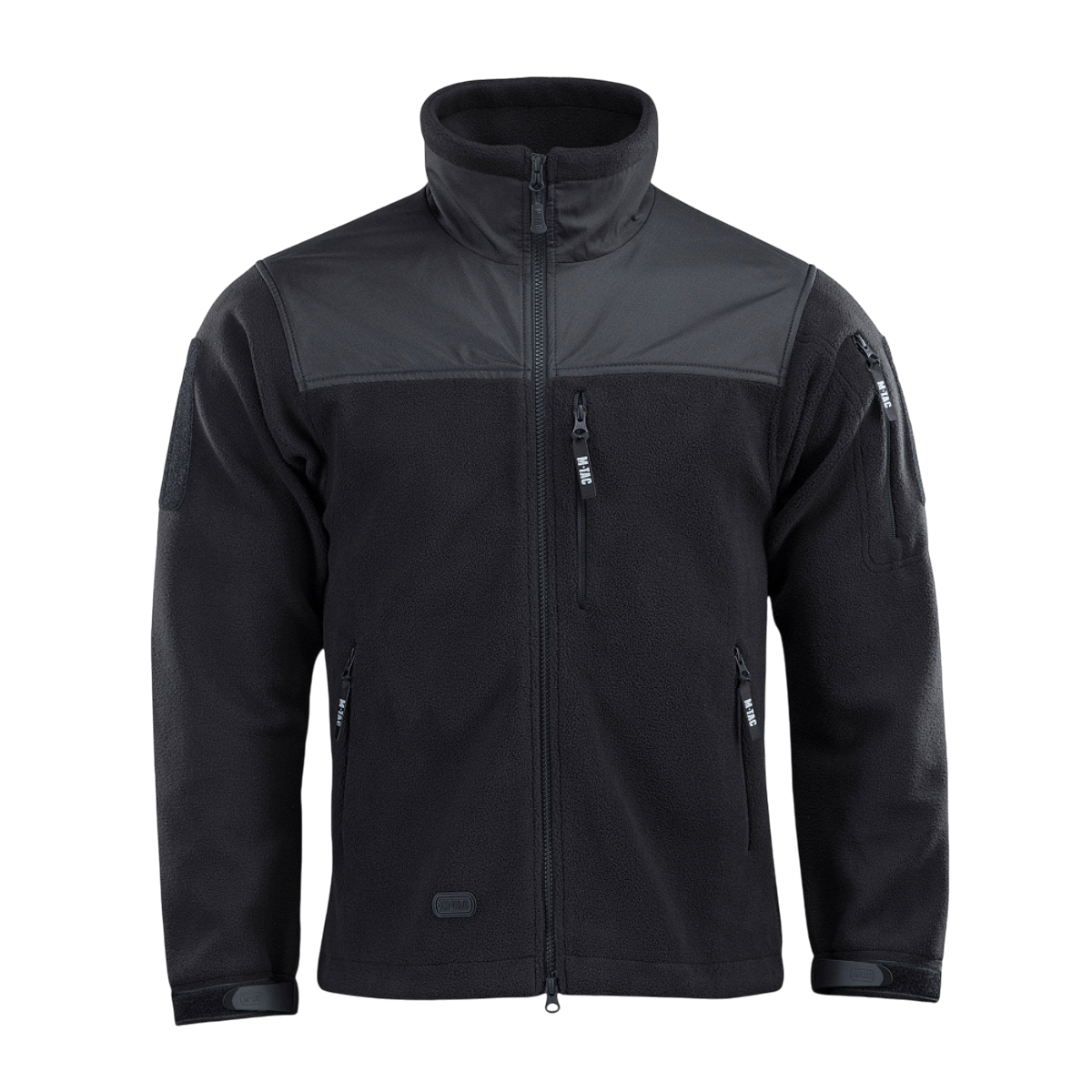 M-Tac Alpha Microfleece Jakke Gen.II mustana, suunniteltu taktiseen käyttöön ja ulkoiluun, olkapäissä ja hihoissa vahvistava nylon.
