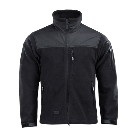 M-Tac Alpha Microfleece Jakke Gen.II mustana, suunniteltu taktiseen käyttöön ja ulkoiluun, olkapäissä ja hihoissa vahvistava nylon.