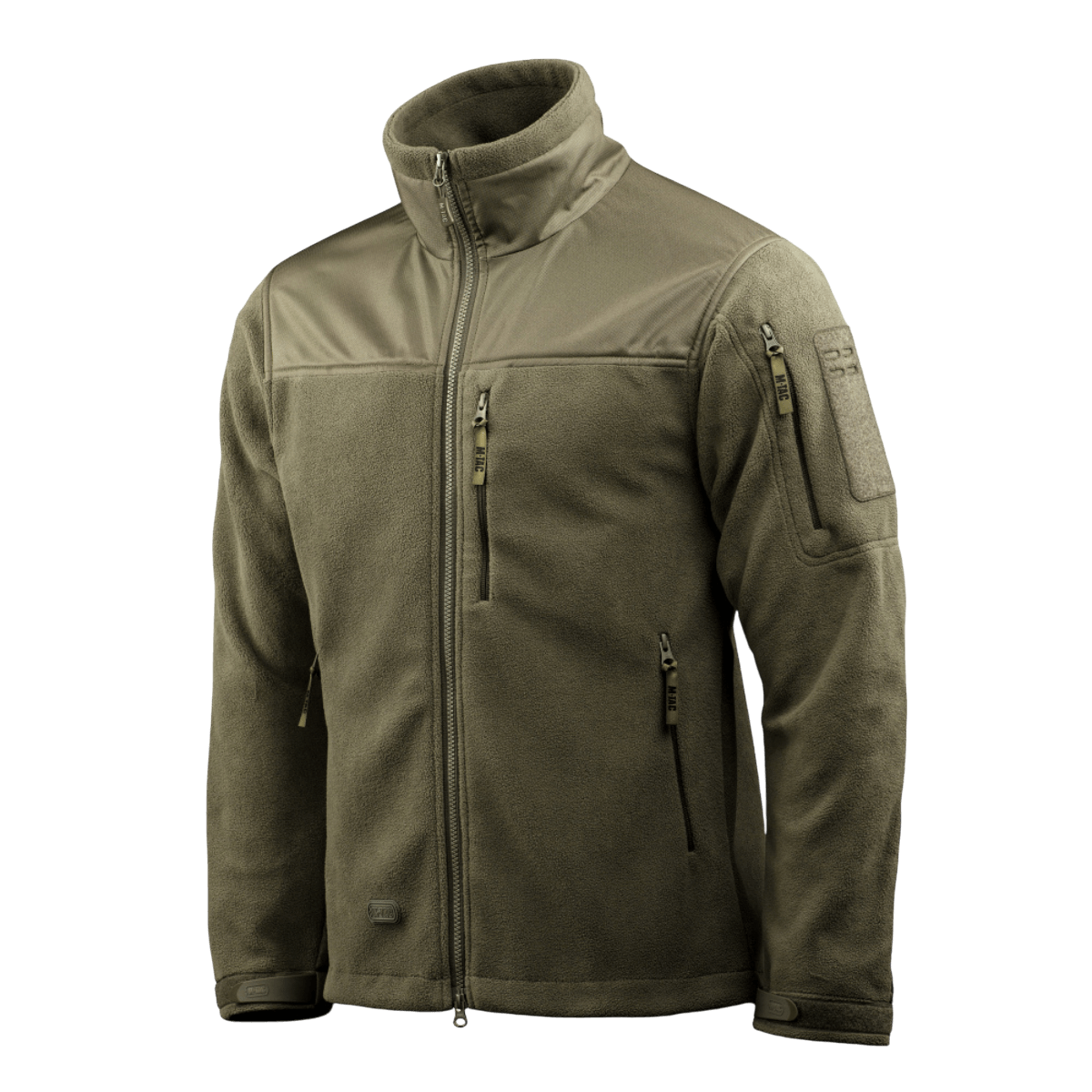M-Tac Alpha Microfleece takki Gen.II oliivinvihreänä, suunniteltu taktiseen käyttöön ja ulkoilma-aktiviteetteihin, vahvistettu kulutuskestävällä Oxford-nylonilla.