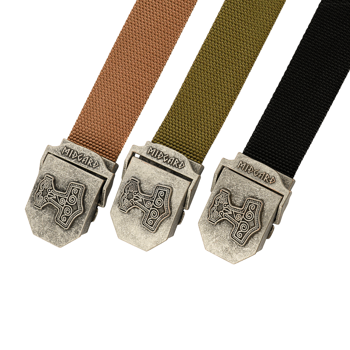M-Tac Thors Hammer Bælte – kolme nylonvyötä metallisoljilla, joissa Thor's Hammer -embleemit.