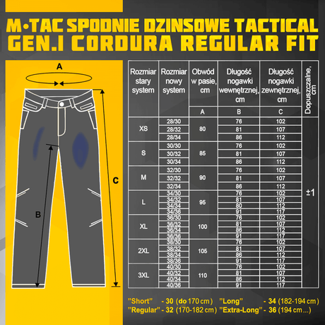 M-Tac Jeans Tactical Gen. I Cordura Regular Fit - kokotaulukko ja tiedot Cordura-taktiikkahousuista kestävässä kankaassa.