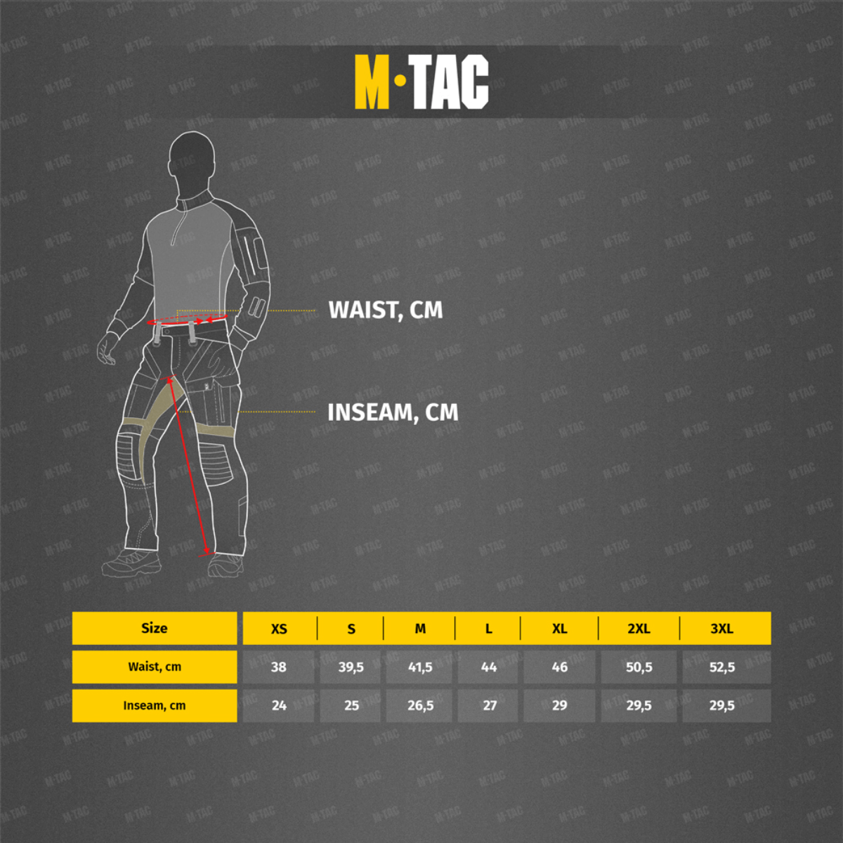 Koko-opas M-Tac Aggressor Summer Flex Shortseille: vyötärön mitat ja sisäsauma senttimetreinä, koot XS–3XL