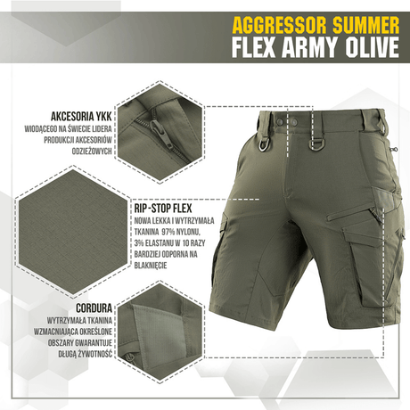 M-Tac Aggressor Summer Flex Shorts, armyvihreä, kevyt Rip-Stop Flex -kangas, YKK-vetoketju ja useita taskuja, ihanteellinen ulkoiluun.