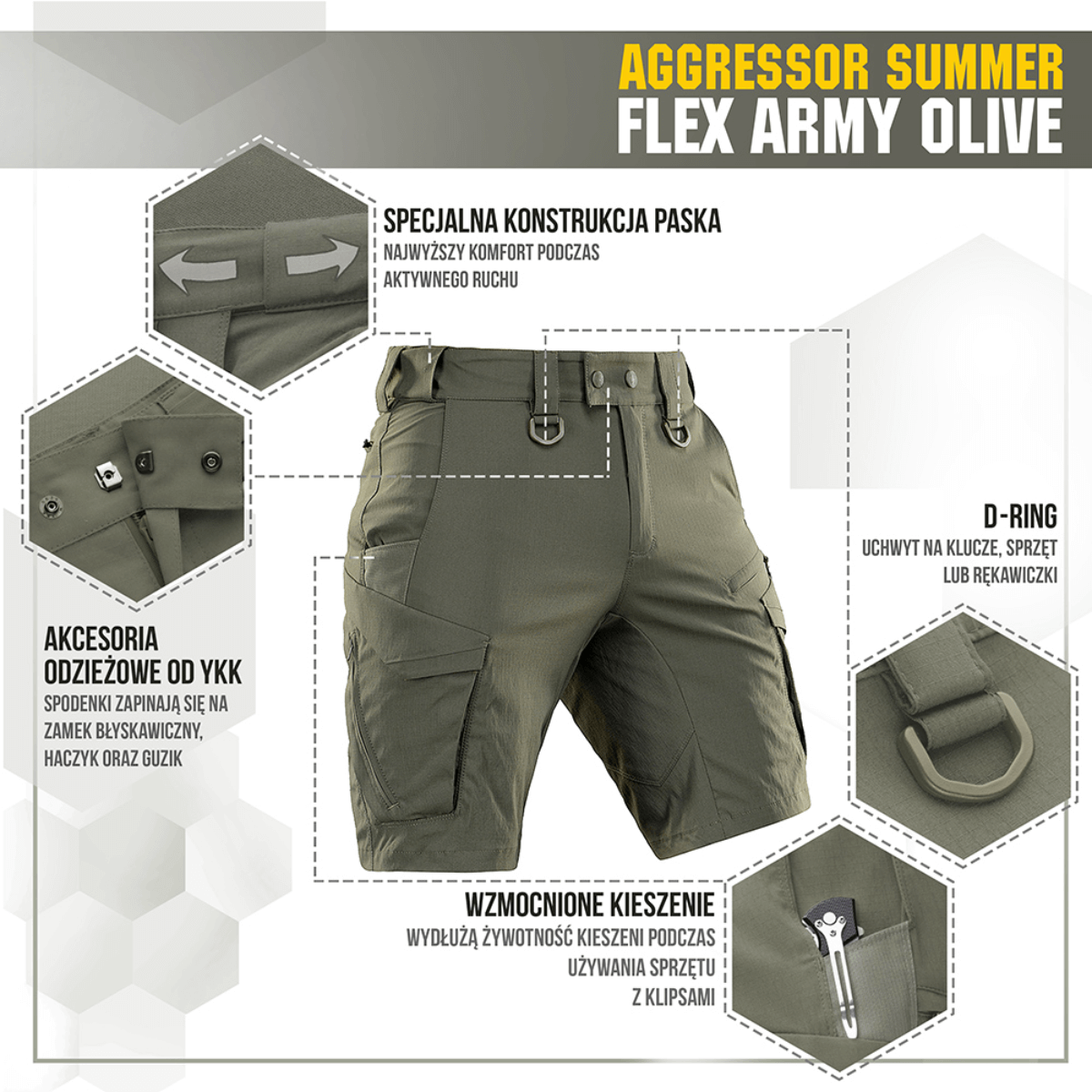 M-Tac Aggressor Summer Flex Shorts oliivinvihreänä, käytännöllisillä yksityiskohdilla kuten taskut ja D-ring varusteiden kiinnitykseen.