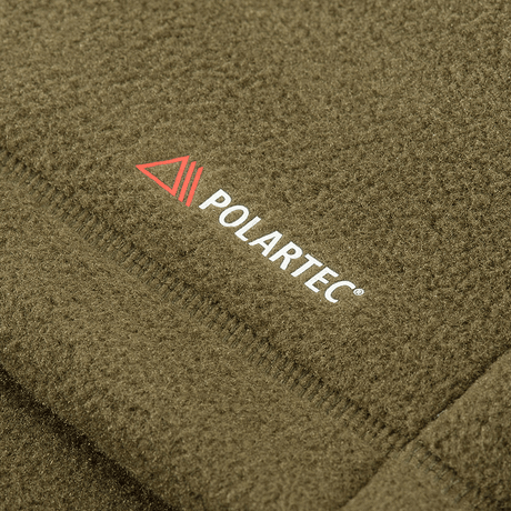 Lähikuva M-Tac Sprint Fleece Sweatshirt Polartecista, valmistettu kestävästä ja pehmeästä Polartec® 200 Series -fleecestä oliivinvärisenä.