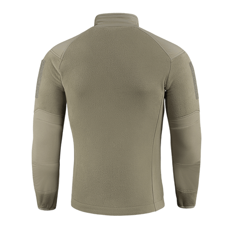 M-Tac Combat Fleece Polartec -takki oliivinvihreänä, takaa kuvattuna, tarrapaneelit, sopii taktiseen ja arkipukeutumiseen.