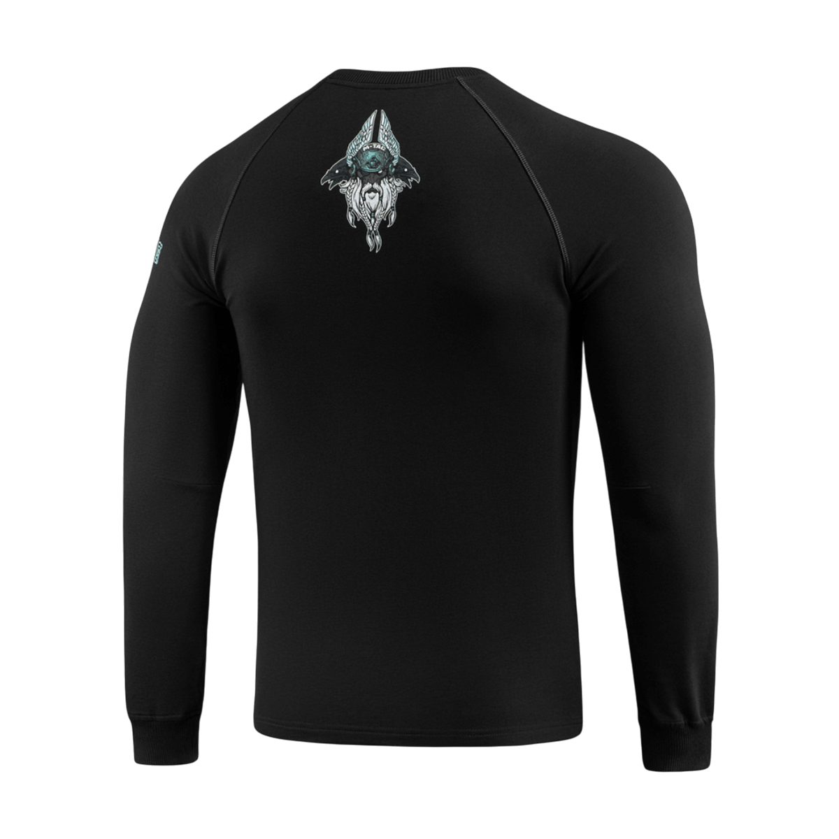M-Tac Raglan Odin Mystery mustana Odin-kuosilla, 95% puuvillaa, 5% elastaania, sopii arkeen ja casual-/taktiseen tyyliin.