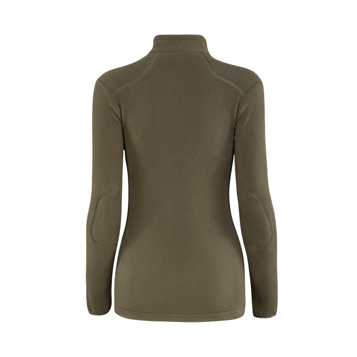 M-Tac Sweater Nord Fleece Polartec naisten malli nähtynä takaa oliivinvihreänä pystykauluksella, suunniteltu mukavuuteen ja lämpöön taktisiin ympäristöihin.