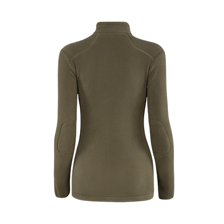 M-Tac Sweater Nord Fleece Polartec naisten malli nähtynä takaa oliivinvihreänä pystykauluksella, suunniteltu mukavuuteen ja lämpöön taktisiin ympäristöihin.