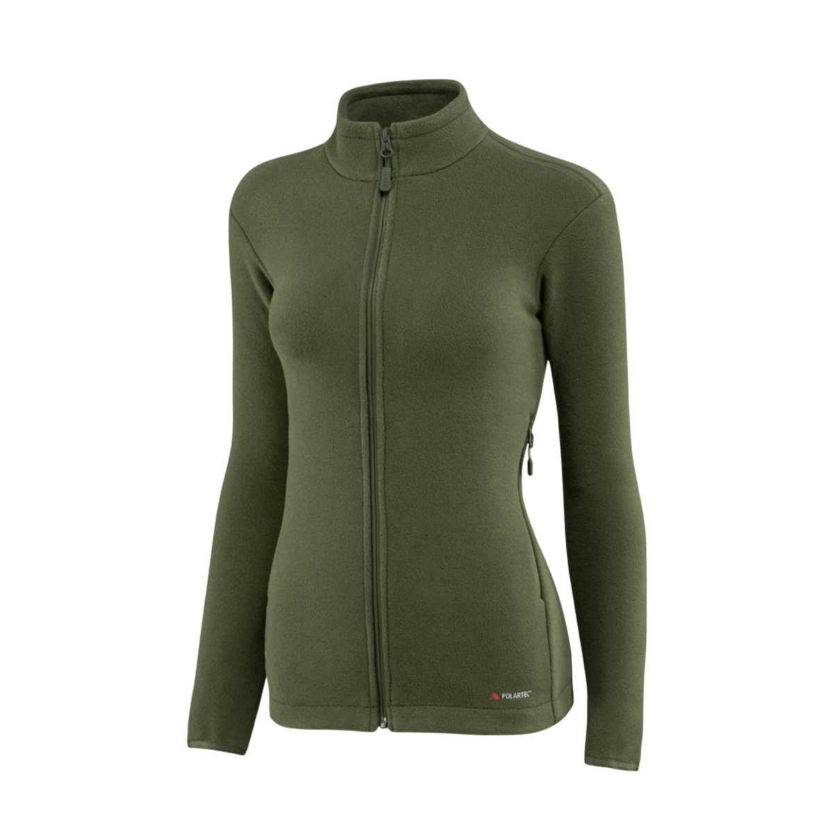 M-Tac Sweater Nord Fleece Polartec naisten malli oliivinvihreänä pystykauluksella ja YKK-vetoketjulla, valmistettu Polartec® 200 Series -fleecestä.