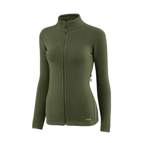 M-Tac Sweater Nord Fleece Polartec naisten malli oliivinvihreänä pystykauluksella ja YKK-vetoketjulla, valmistettu Polartec® 200 Series -fleecestä.