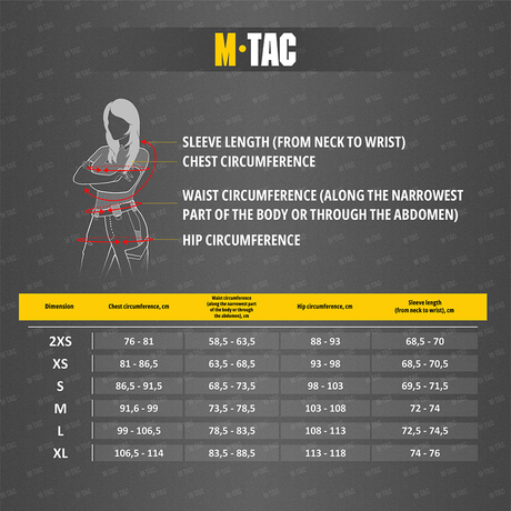 Kokoguide M-Tac Stalker Gen. III Primaloft -takille, mitat hihan pituudelle, rinnalle, vyötärölle ja lantiolle.