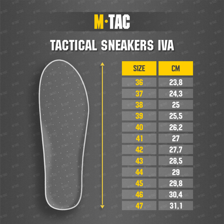 Koko-opas M-Tac Tactical Sneakers IVA: koot 36–47 (cm). Sopii ulkoiluun ja vaellukseen.