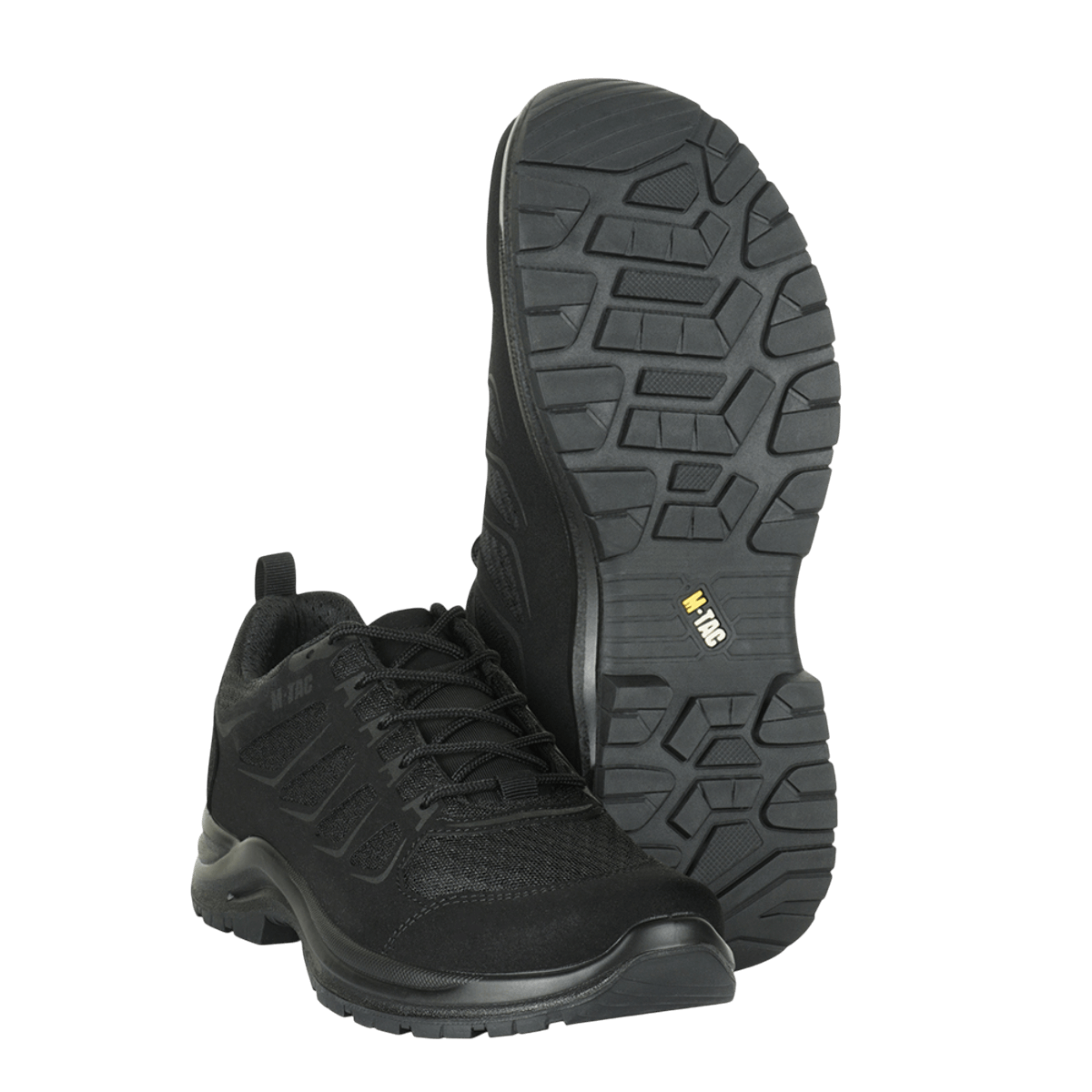 M-Tac Tactical Sneakers IVA mustana, hengittävä mesh-päällinen ja vahvistettu kärki, sopii retkeilyyn ja ulkoiluun.