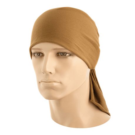 M-Tac Bomuld Tube Scarf ruskeana, monikäyttöinen taktiseen käyttöön tai vapaa-aikaan, 100% puuvillaa, esitetty Sahara-bandanana.