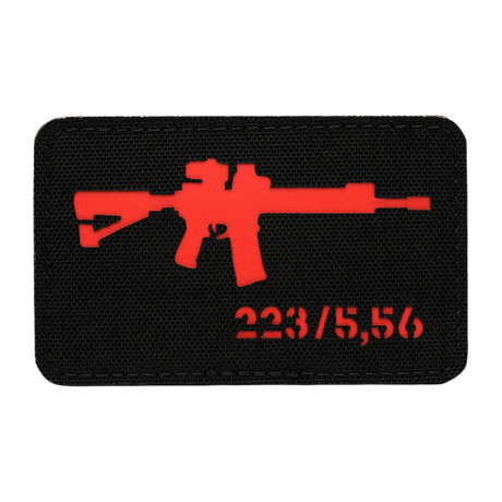 M-Tac AR-15 223/5.56 laserleikattu tarrapala Velcrolla mustalla Cordura-taustalla, suunniteltu sotilas- ja ulkokäyttöön, 80 x 50 mm.