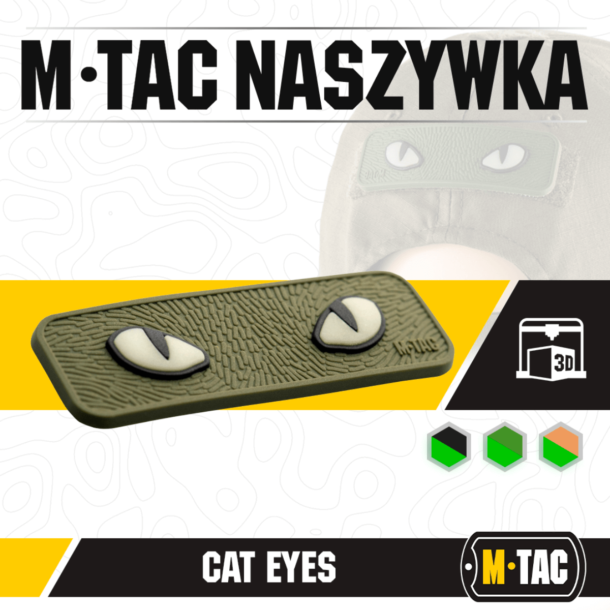 M-Tac Cat Eyes 3D PVC-patch heijastavalla designilla ja Velcro-kiinnityksellä, sopii sotilaalliseen ja ulkoilmakäyttöön.