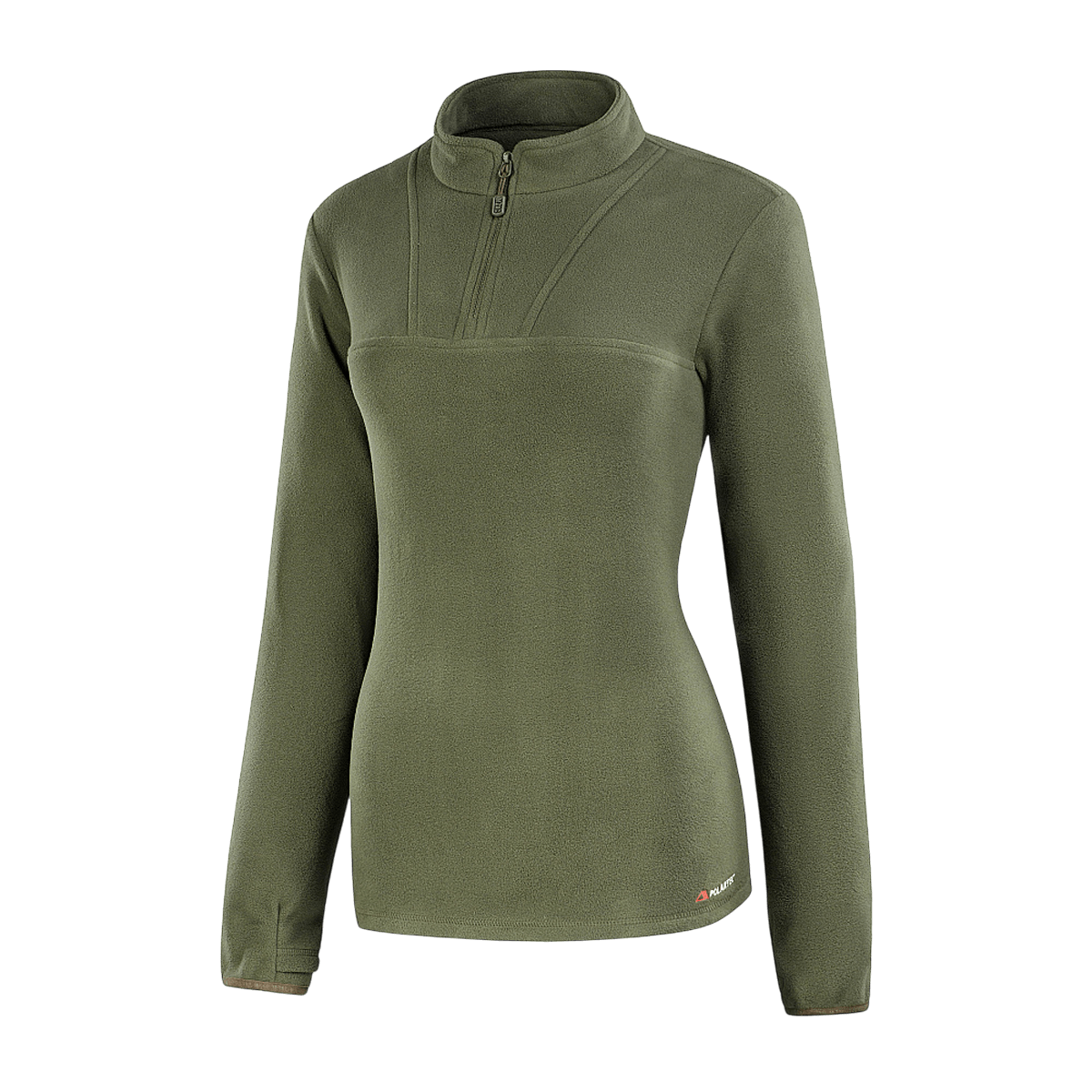 M-Tac Delta Polartec -naisten fleece-takki oliivinvihreänä, tehty Polartec® Micro Series -fleecestä mukavuutta ja lämmöneristystä varten.