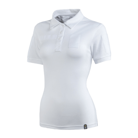 M-Tac Tactical Polo-Shirt 65/35 Lady valkoisena, suunniteltu naisille, mukava puuvilla-polyester ja Velcro merkeille.