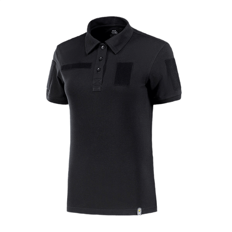 M-Tac Tactical Polo-Shirt 65/35 Lady mustana, puuvilla-polyester-sekoitus, Velcro-paikat merkeille ja henkilöllisyydelle, suunniteltu mukavuuteen ja naiselliseen istuvuuteen.