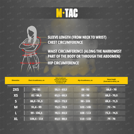 M-Tac Combat Fleece -takki Polartec Dame kokotaulukko: rinnanympärys, vyötärö, lantio ja hihan pituus, galleria-asento 1.