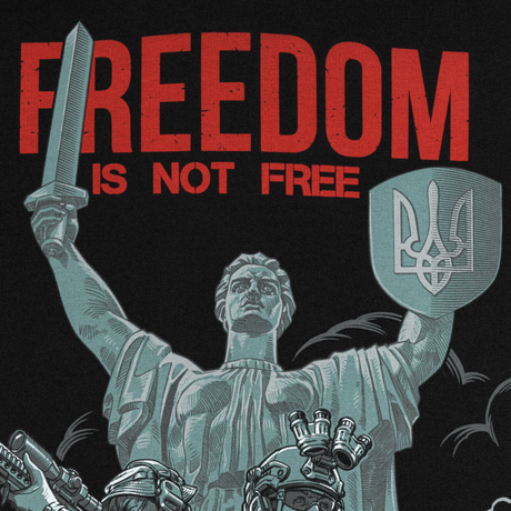Kuvitus monumentista tekstillä 'Freedom is not free', korostaa viestiä vapauden kustannuksista.