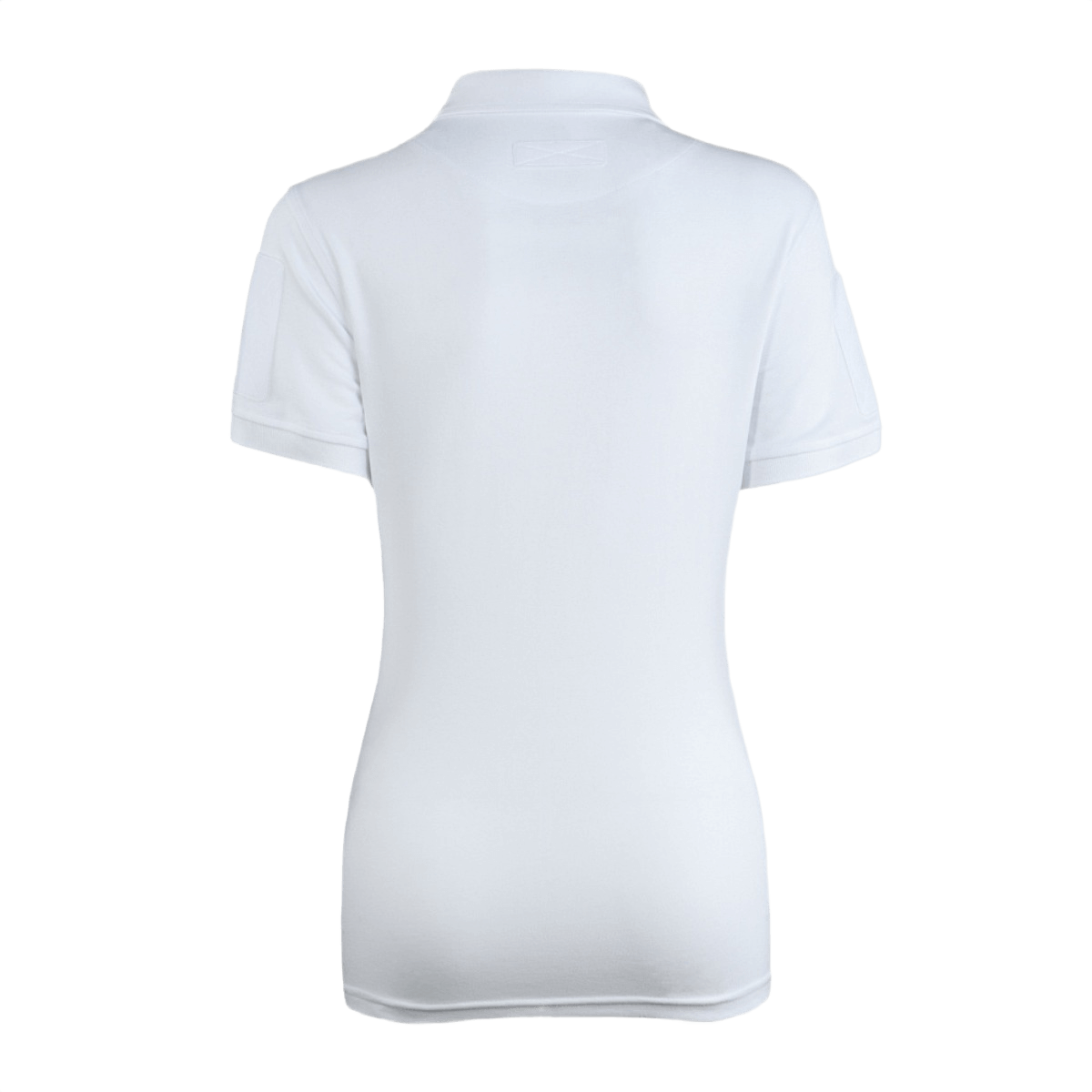 M-Tac Tactical Polo-Shirt 65/35 Lady valkoinen palvelupolo naisille, puuvilla-polyester-sekoitus, nähty takaa Velcro-paikoilla hihoissa.