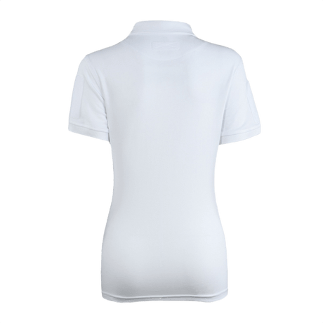 M-Tac Tactical Polo-Shirt 65/35 Lady valkoinen palvelupolo naisille, puuvilla-polyester-sekoitus, nähty takaa Velcro-paikoilla hihoissa.
