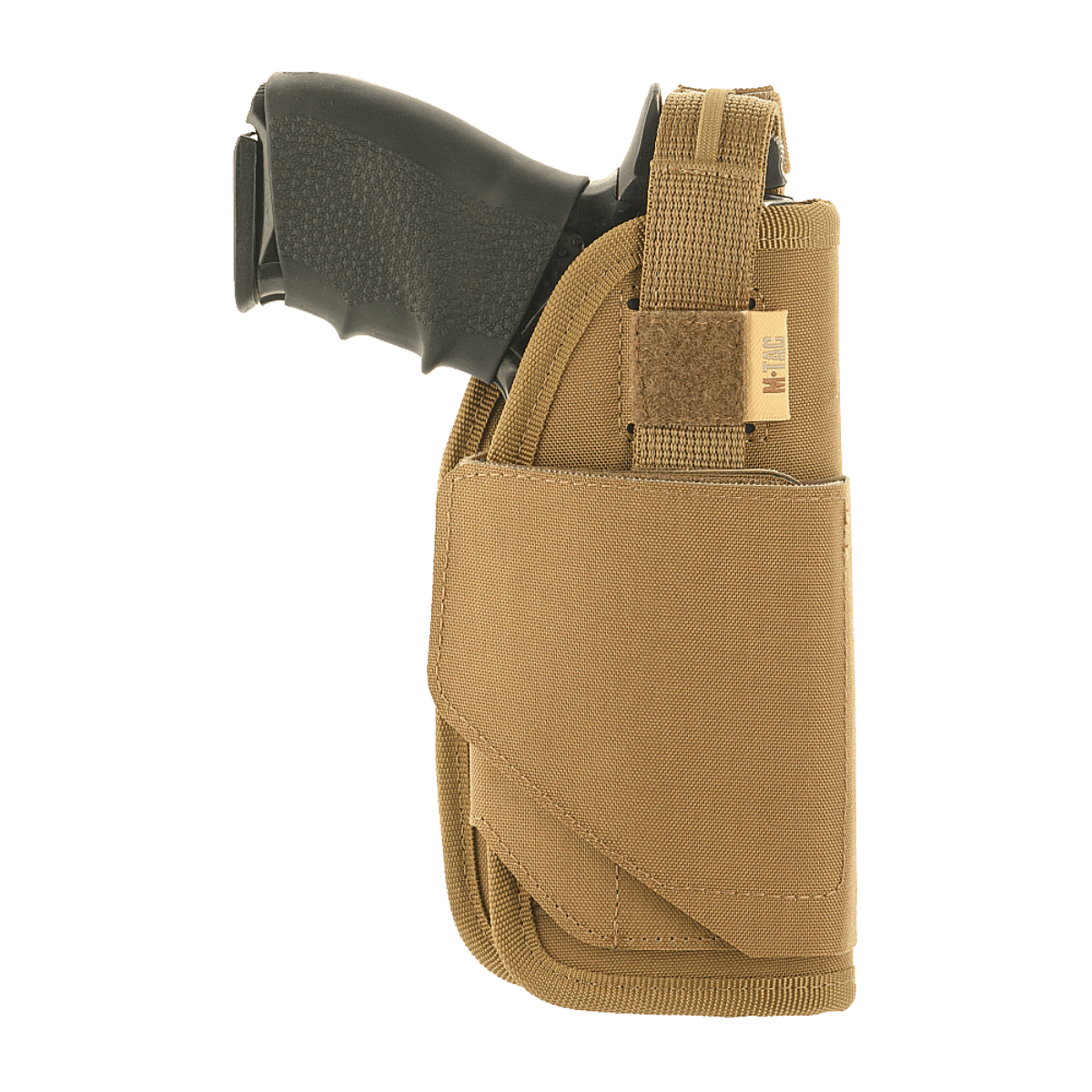 M-Tac Universal Taktisk Hylster Elite Højre, laminoitu Cordura 500D, säädettävä hihna ja MOLLE-liitäntä.