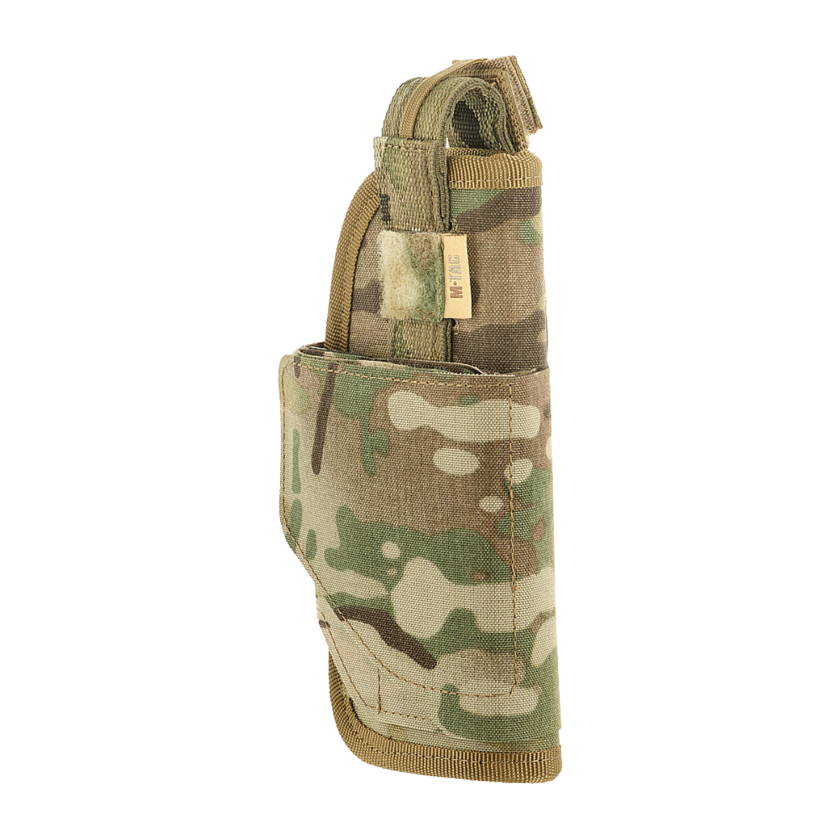 M-Tac Universal Taktisk Hylster Elite Højre camo-kuosissa Cordura 500D:llä, säädettävä hihna ja Velcro-lukko aseen säilytykseen.