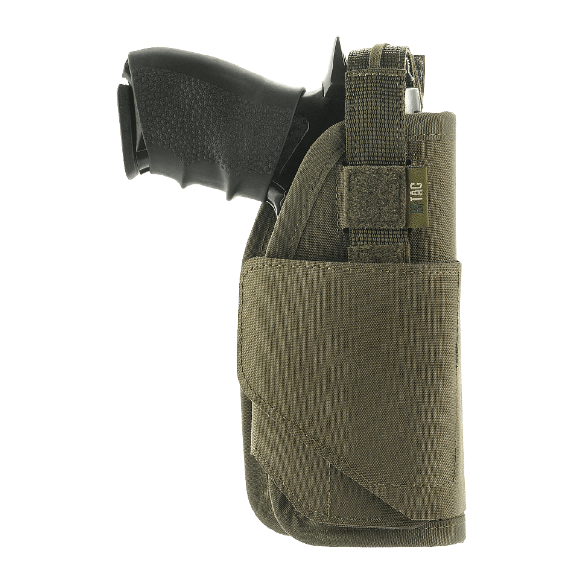 M-Tac Universal Taktisk Hylster Elite Højre, Cordura 500D, säädettävä hihna ja Velcro-lukko, yhteensopiva PM:n ja Glock 17:n kanssa, sivukuva.