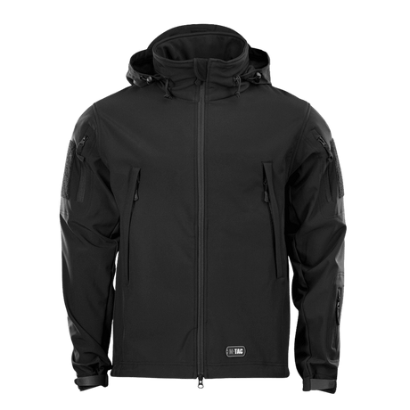 M-Tac Soft Shell -takki mustana, sisäinen polyuretaanikalvo ja fleece-vuori, suojaa huonoa säätä vastaan, kevyt ja eristävä.