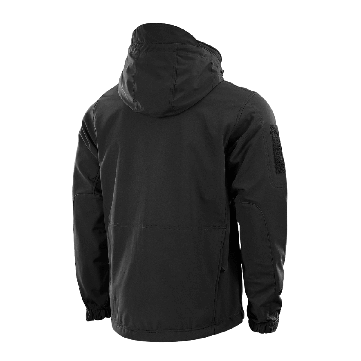 M-Tac Soft Shell -takki mustana polyuretaanikalvolla, takaa kuvattuna fleece-vuorella ja sääsuojalla, sopii ulkoiluun.