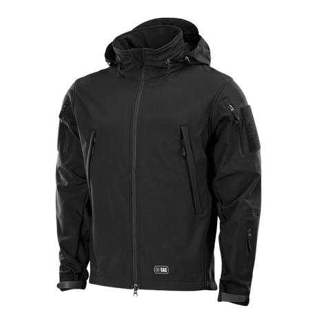 M-Tac Soft Shell -takki mustana, sisäinen polyuretaanikalvo ja fleece-vuori, sääsuojaava ja kevyt malli.